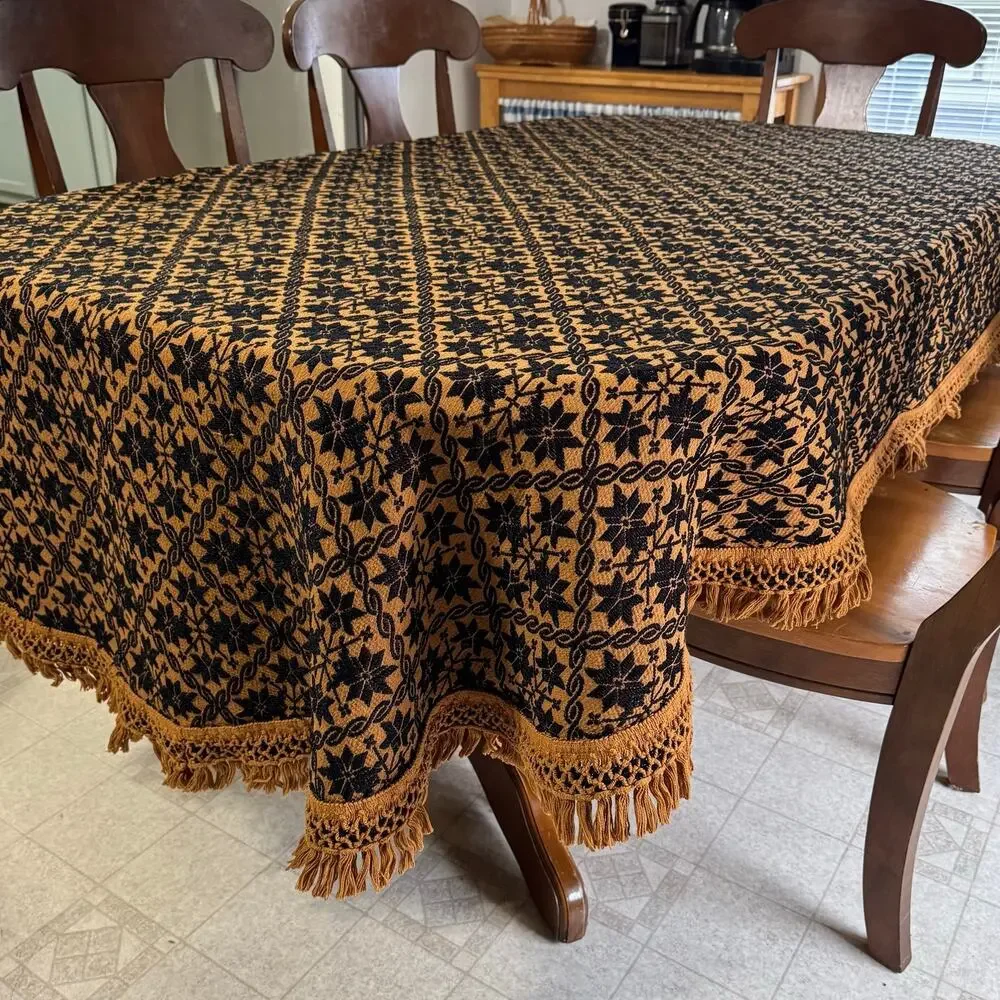 Vintage Bates Black Brown Oval Fringed Tablecloth 64x108
